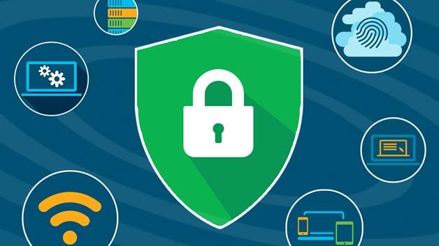 Illustration of a shield protecting devices, cloud, and network connections
